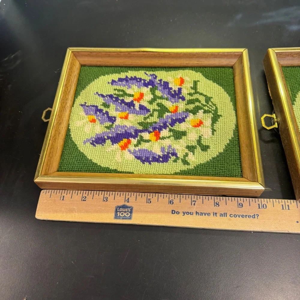 Vintage Framed Needlepoint Floral Wall Art Set of 2 Green Blue Yellow 9x7